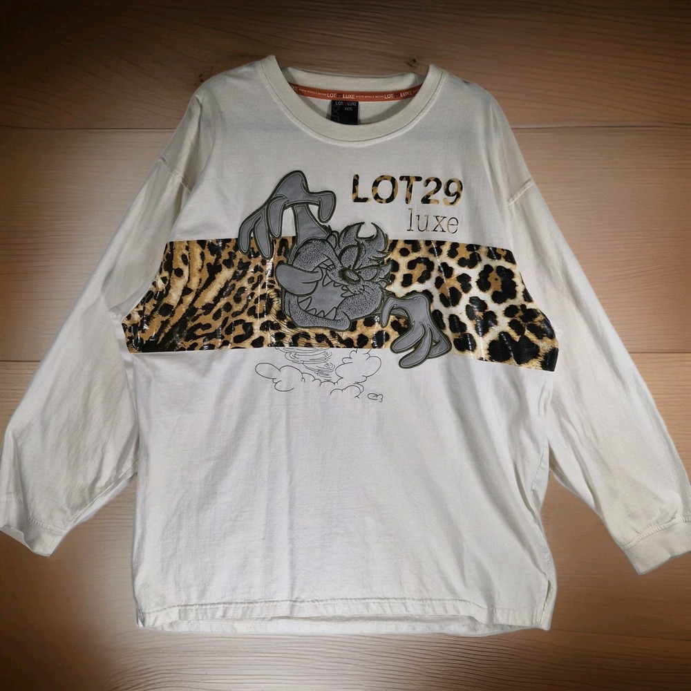 2000s Luxe Taz Leopard Print Long Sleeve Tee XXXL Lot 29 Looney Tunes Oversized